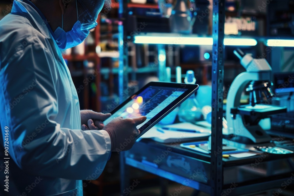 Poster A scientist in a lab coat using a tablet computer, ideal for science and technology related projects