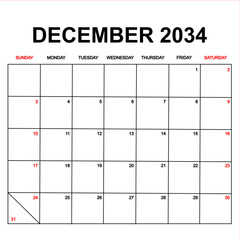 december 2034. Calendar with holydays or red dates. monthly 2034. calendar design with week starts on sunday. printable, simple, and clean vector design isolated on white background.