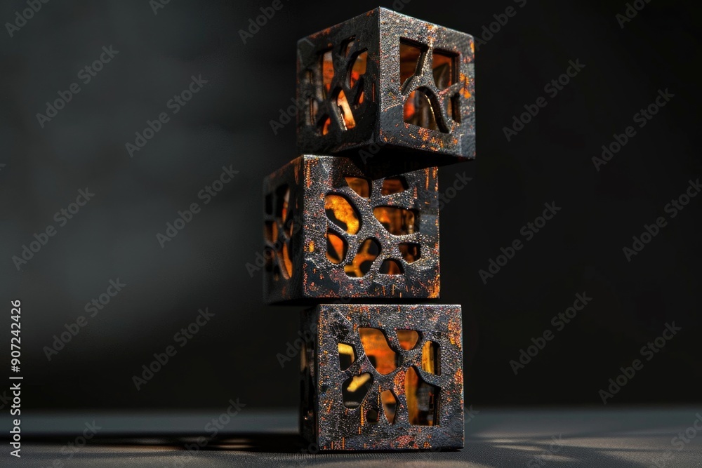Poster a detailed view of three metallic cubes on a flat surface, with sharp edges and reflective surfaces