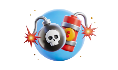 A bomb and skull are shown in a blue circle