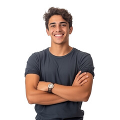 Young Man In Dark T-Shirt With Folded Arms Smiling At Camera