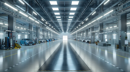 Modern factory with robot arm for car production on assembly line