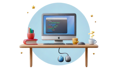 A computer monitor sits on a desk with a book, a cup, and a mouse