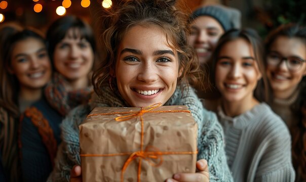 A group of friends is excitedly preparing a surprise birthday present for a friend. - Powered by Adobe