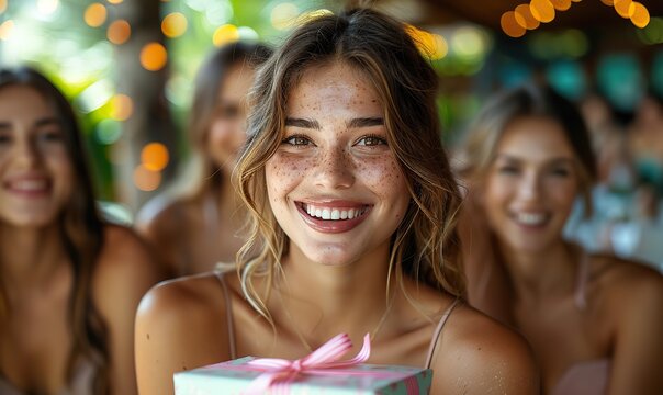 A group of friends is excitedly preparing a surprise birthday present for a friend.