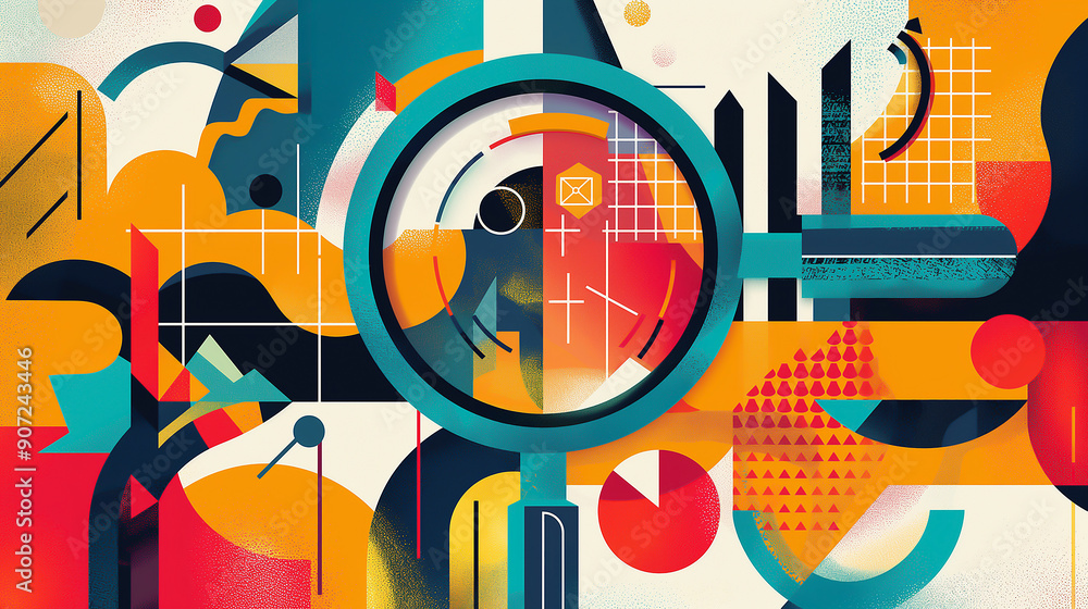 Fototapete A typography-focused design featuring motivational financial phrases and keywords, creatively arranged around an abstract outline of a magnifying glass and graphs.