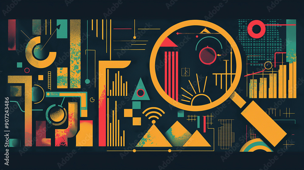 Fototapete A typography-focused design featuring motivational financial phrases and keywords, creatively arranged around an abstract outline of a magnifying glass and graphs.