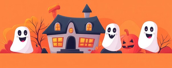 Halloween decorations, spooky house, playful ghosts, flat design illustration
