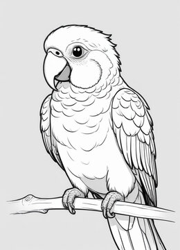 recommend clip art: It is a cute parrot, with big pretty eyes, simple outlines and shapes, a coloring page black and white comic book flat vector, and a white background