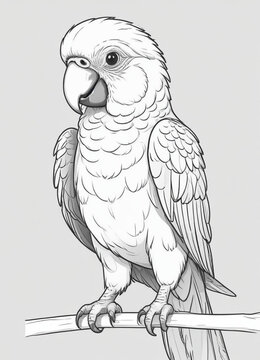 recommend clip art: It is a cute parrot, with big pretty eyes, simple outlines and shapes, a coloring page black and white comic book flat vector, and a white background