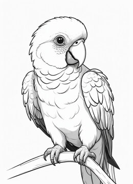 recommend clip art: It is a cute parrot, with big pretty eyes, simple outlines and shapes, a coloring page black and white comic book flat vector, and a white background