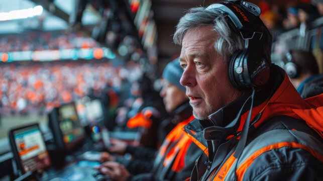 Focused sports broadcaster commentating during a live event, wearing headphones and using equipment in a stadium press box.