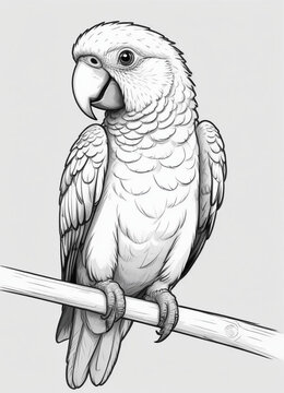 recommend clip art: It is a cute parrot, with big pretty eyes, simple outlines and shapes, a coloring page black and white comic book flat vector, and a white background