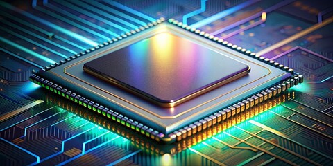 Sophisticated chip with hologram overlay, technology, advanced, futuristic, innovation, circuit, microchip
