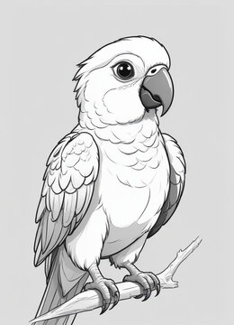 recommend clip art: It is a cute parrot, with big pretty eyes, simple outlines and shapes, a coloring page black and white comic book flat vector, and a white background