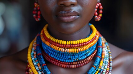 A woman wearing a colorful necklace with beads