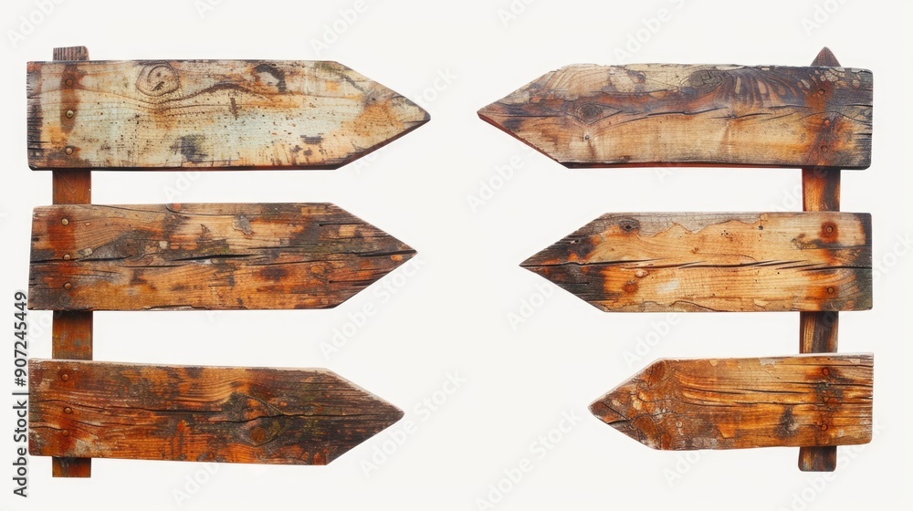 Poster four wooden signs with arrows pointing in different directions, great for navigation and wayfinding 
