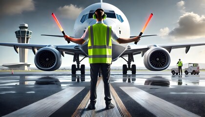 An airport ground crew member in action, guiding a commercial airliner on the tarmac.