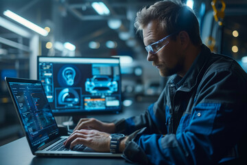 An automotive mechanic technician uses computer programming. Car maintenance service concept