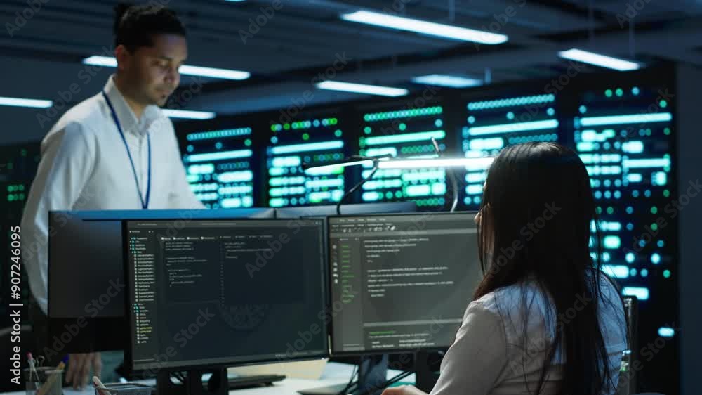 Poster management executive in data center ensuring system can handle networking tasks. coworkers doing bra