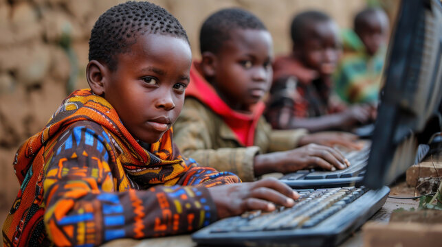 African children using computers in an outdoor setting, highlighting technology's impact on education in developing regions.