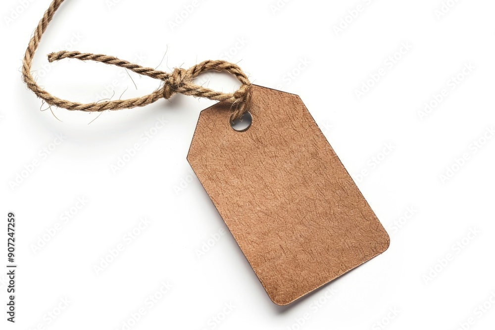 Poster a simple brown tag is tied to a rope on a white background, ideal for use in diy tutorials or as a d