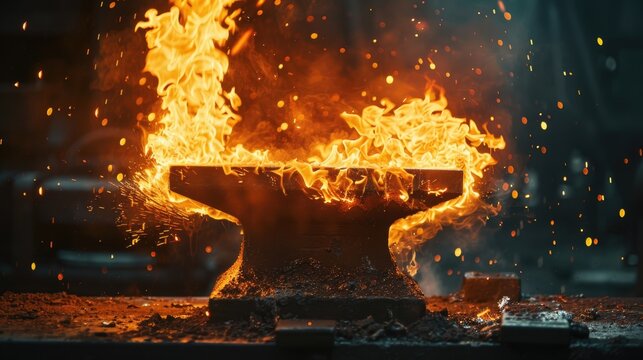 A fire is burning on the surface of an iron anvil