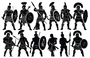 Set Of Silhouette Roman Gladiator, silhouettes of warriors and knights with different weapons and armor. a set of vectors