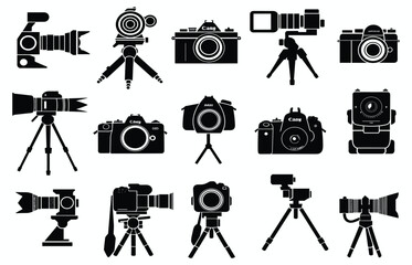 Photo and camera icon set. Icons of photography, image, photo gallery and photo camera.  silhouette cameras, video cameras set on white background vector