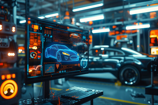 Futuristic virtual user interface screen in auto repair garage blurred in background