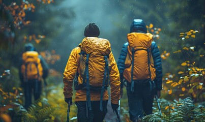 Fototapeta premium A group of hikers strolling through a lush forest, immersed in nature.