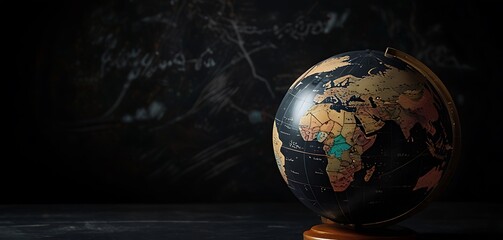 A vintage globe with floating world maps and geographical symbols against a black background. Geography and learning concept banner.