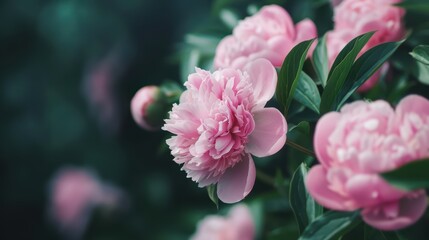 Fototapeta premium Close-up of Beautiful Pink Peonies in Full Bloom with Lush Green Foliage in a Garden Setting