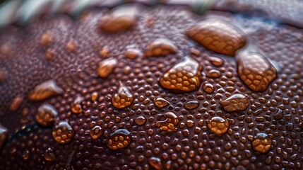 Close-up of water droplets on a football surface.
