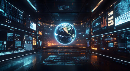 A Futuristic Digital World with Earth at the Center, Surrounded by Data Streams and Technology