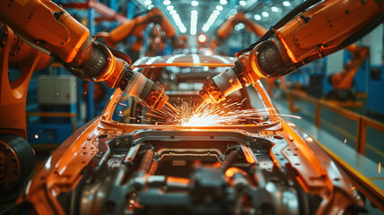 Fototapeta premium Automated robot arm with sparks while welding car body on industrial assembly line d