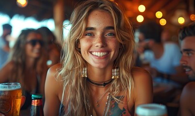 A group of friends laughing, drinking beer, and playing guitar together, embodying youthful joy and camaraderie.