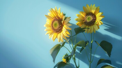 Fototapeta premium Two sunflowers in the sunny ambience. Light blue background with shadow 