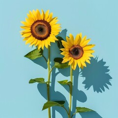 Obraz premium Two sunflowers in the sunny ambience. Light blue background with shadow 