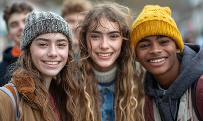 Obraz premium Multicultural young people sharing laughs and standing together outdoors on a city street, showcasing a joyful college campus atmosphere.