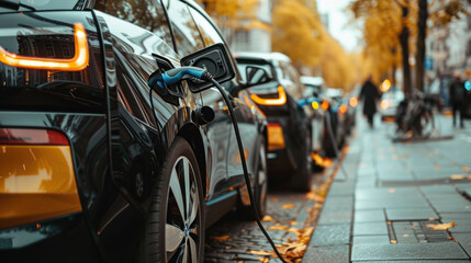 Row of electric cars charging on a city street, highlighting the shift towards sustainable transportation and green energy.