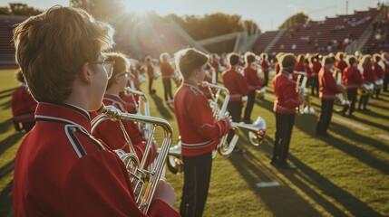 A high school band practicing on the school field, preparing for a halftime performance. copy space for text.