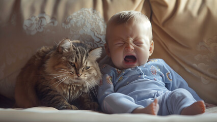 Cute Baby and Mischievous Cat Moment