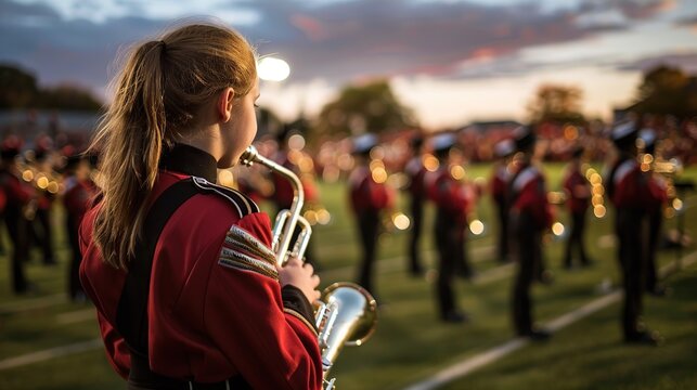 A high school band practicing on the school field, preparing for a halftime performance. copy space for text.