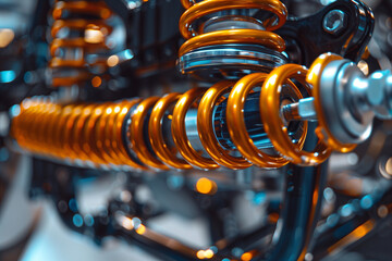 Close-up of a car shock with yellow springs
