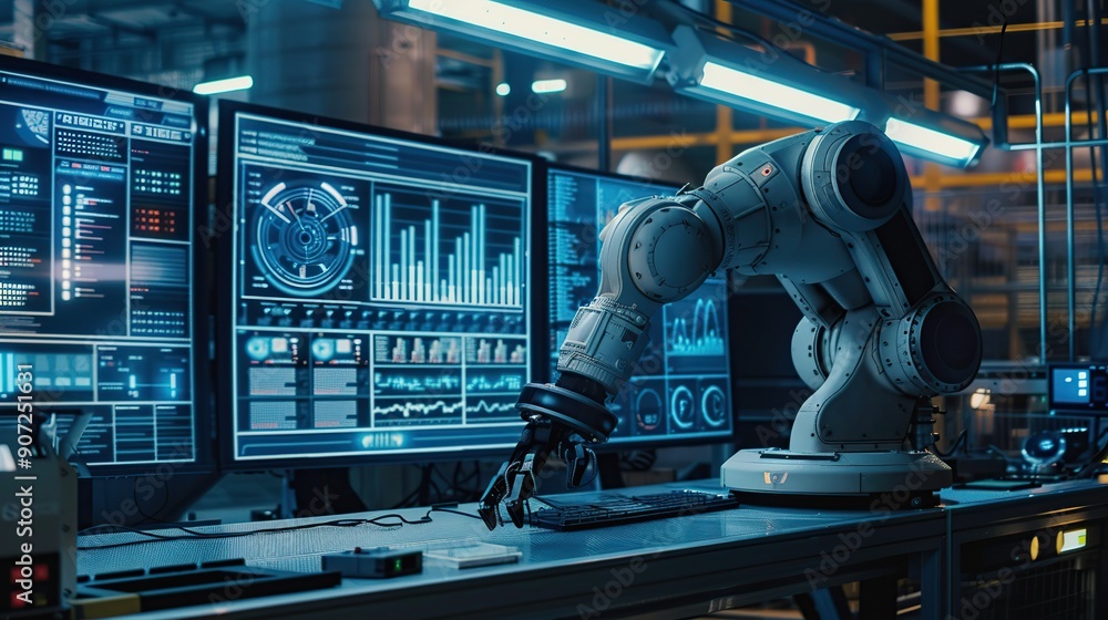 Poster an ai-driven robotics facility monitoring real-time data on manufacturing efficiency, vibrant screen
