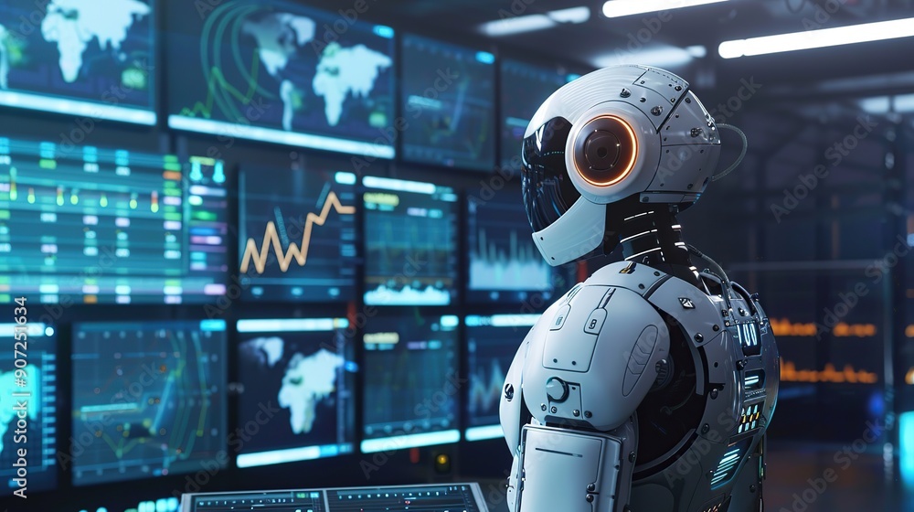 Poster an ai-driven robotics facility monitoring real-time data on manufacturing efficiency, vibrant screen