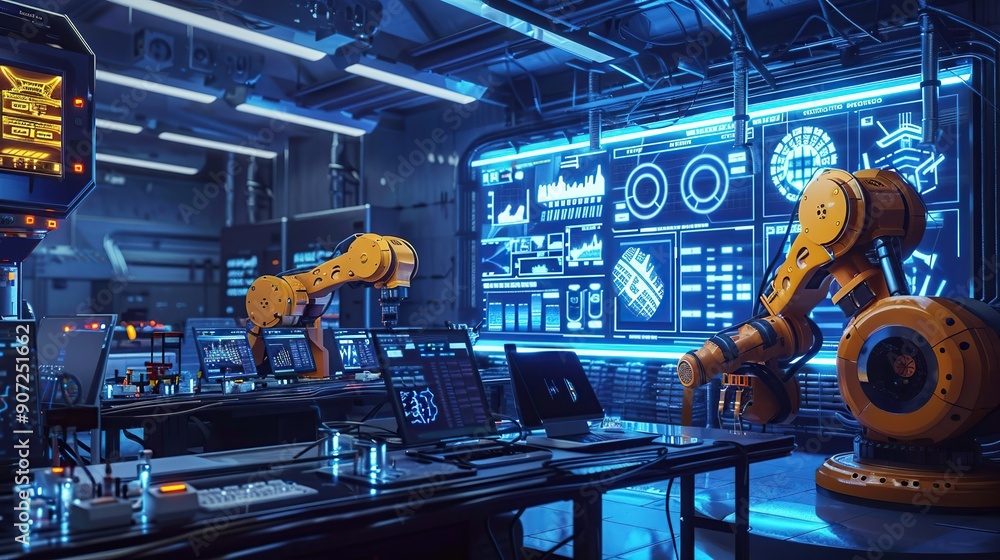 Poster an ai-driven robotics facility monitoring real-time data on manufacturing efficiency, vibrant screen