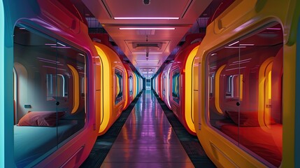 Fototapeta premium Colorful modern capsule hotel with vibrant sleeping pods in a sleek hallway, offering a futuristic and unique lodging experience. copy space for text.
