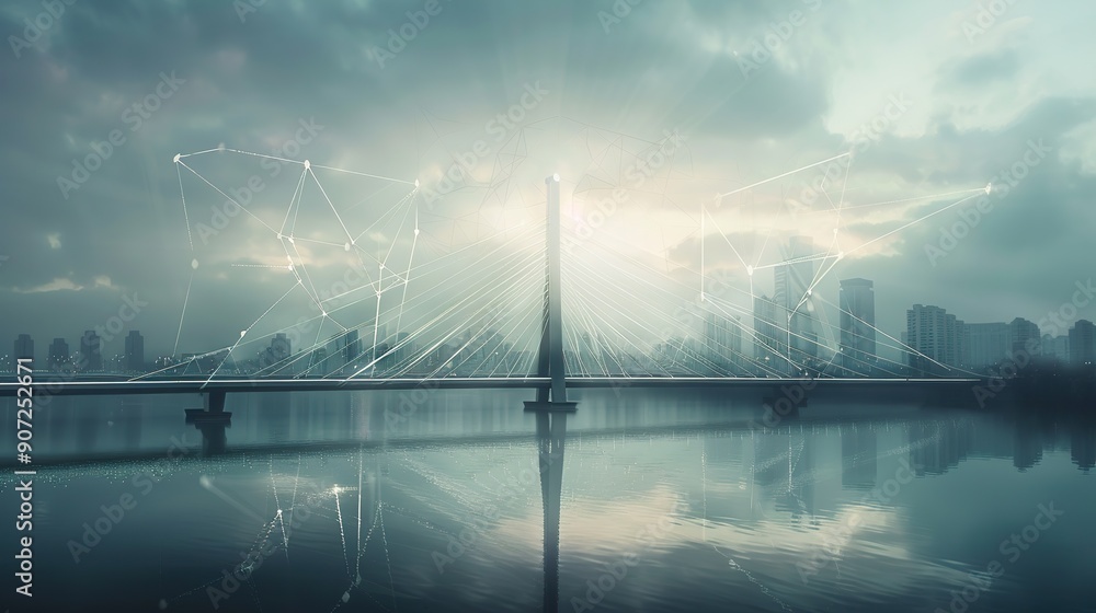 Poster futuristic bridge with digital network design over a calm body of water. cityscape in the background